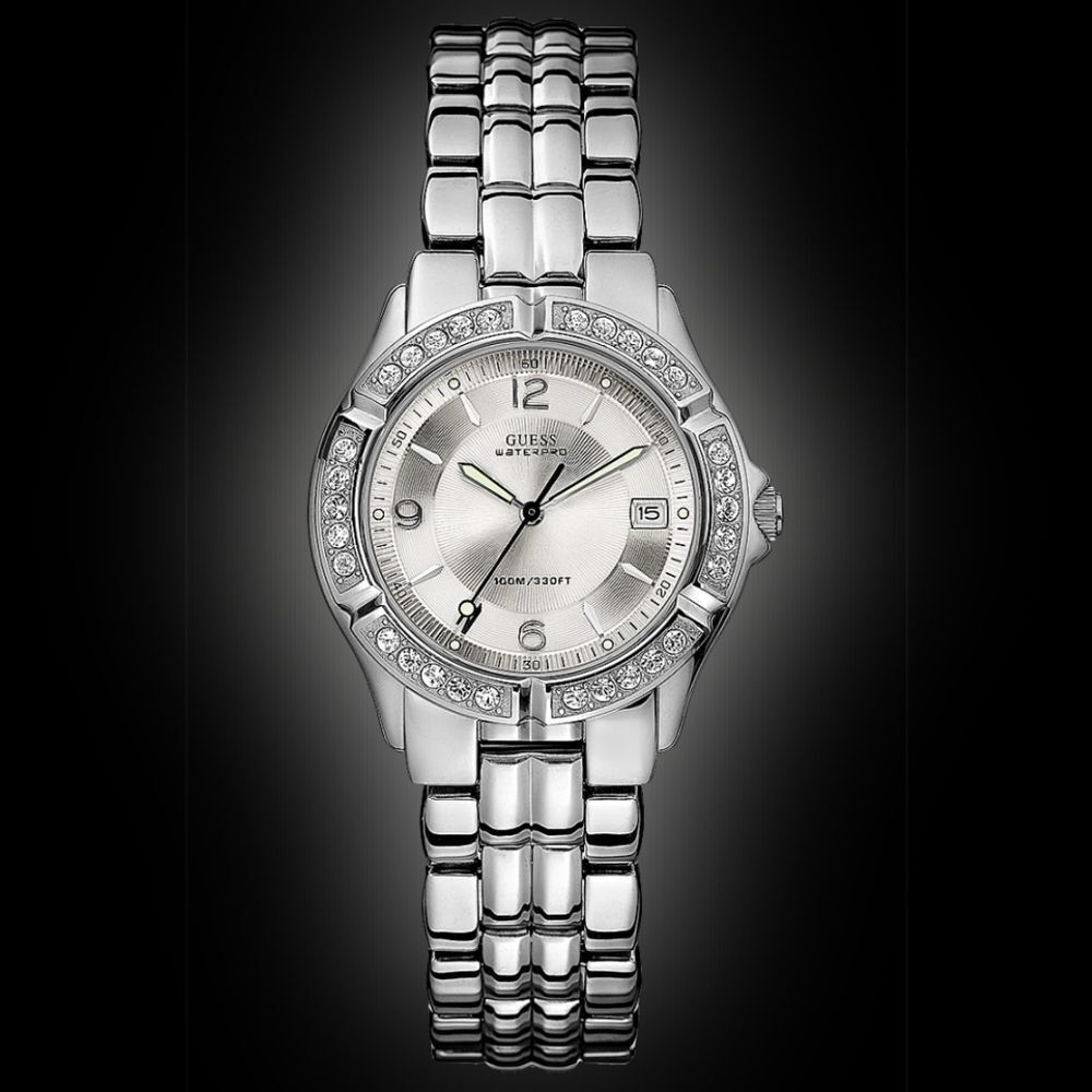 GUESS Waterpro Crystal‎ Embellished Silvertone Sports Divers Watch G75511M